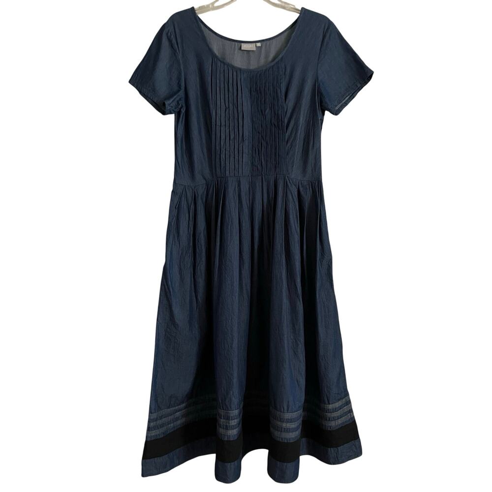 eShakti Denim Midi Fit Flare Dress Womens Size L Pintuck Side Zip Work Church